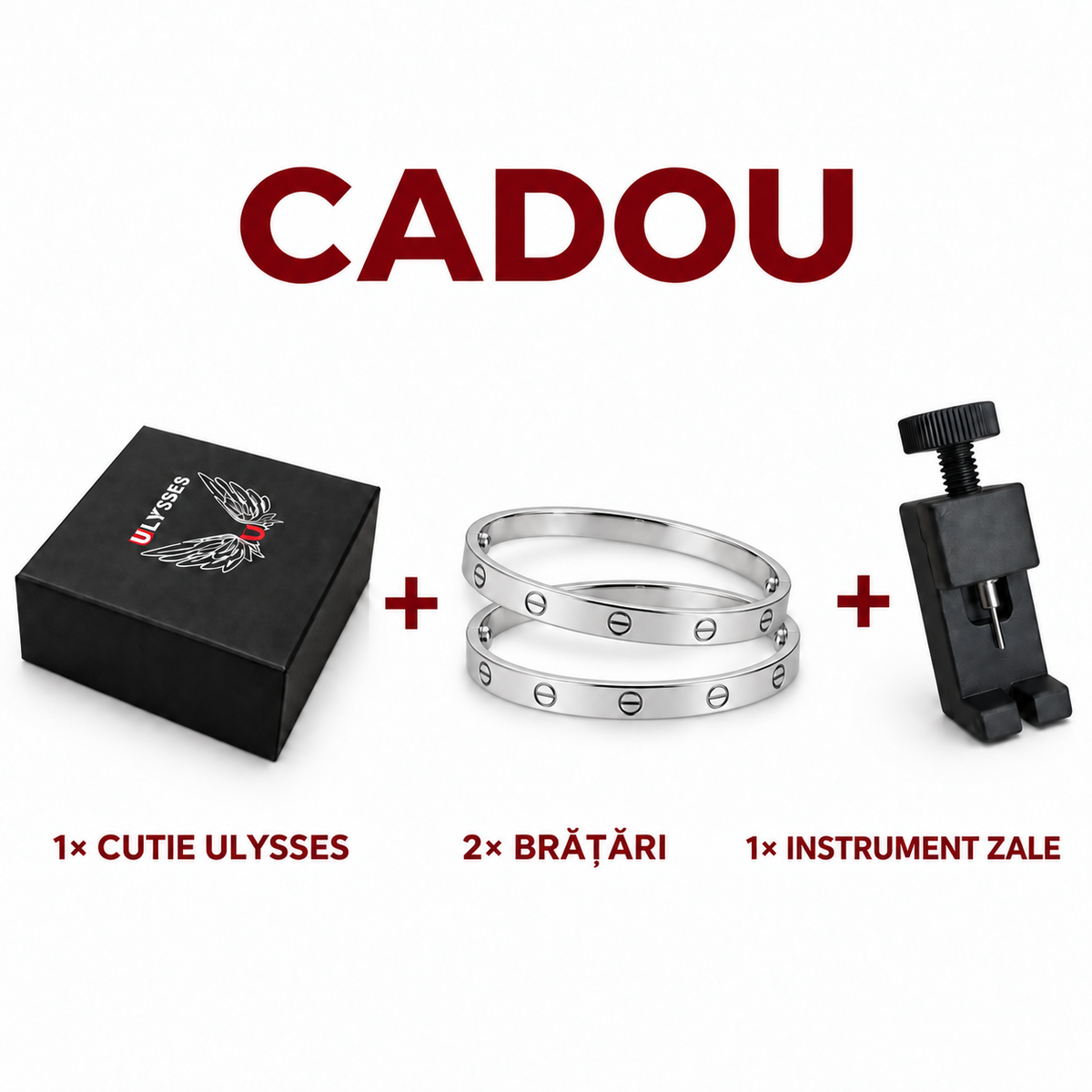 Cadou pentru setul de două ceasuri Ulysses: cutie, două brățări și instrument pentru zale