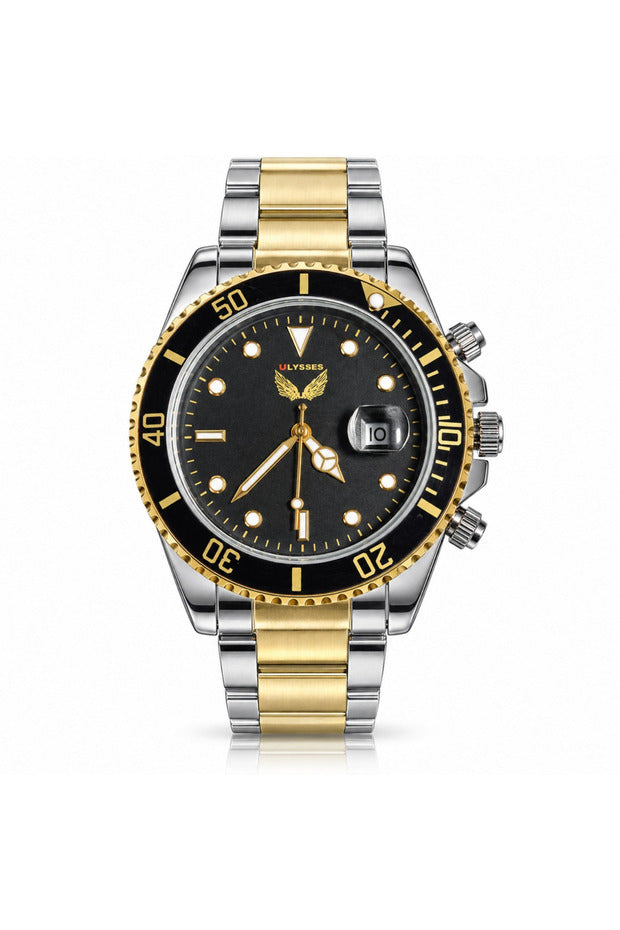 Ceas Ulysses bărbătesc bicolor, cadran negru și bezel rotativ